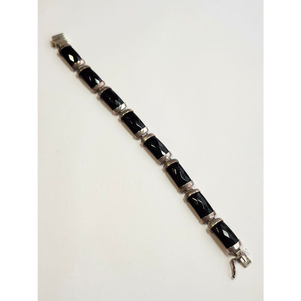 Sterling Silver Black Faceted Link Bracelet - Elegant Women's Jewelry 7"